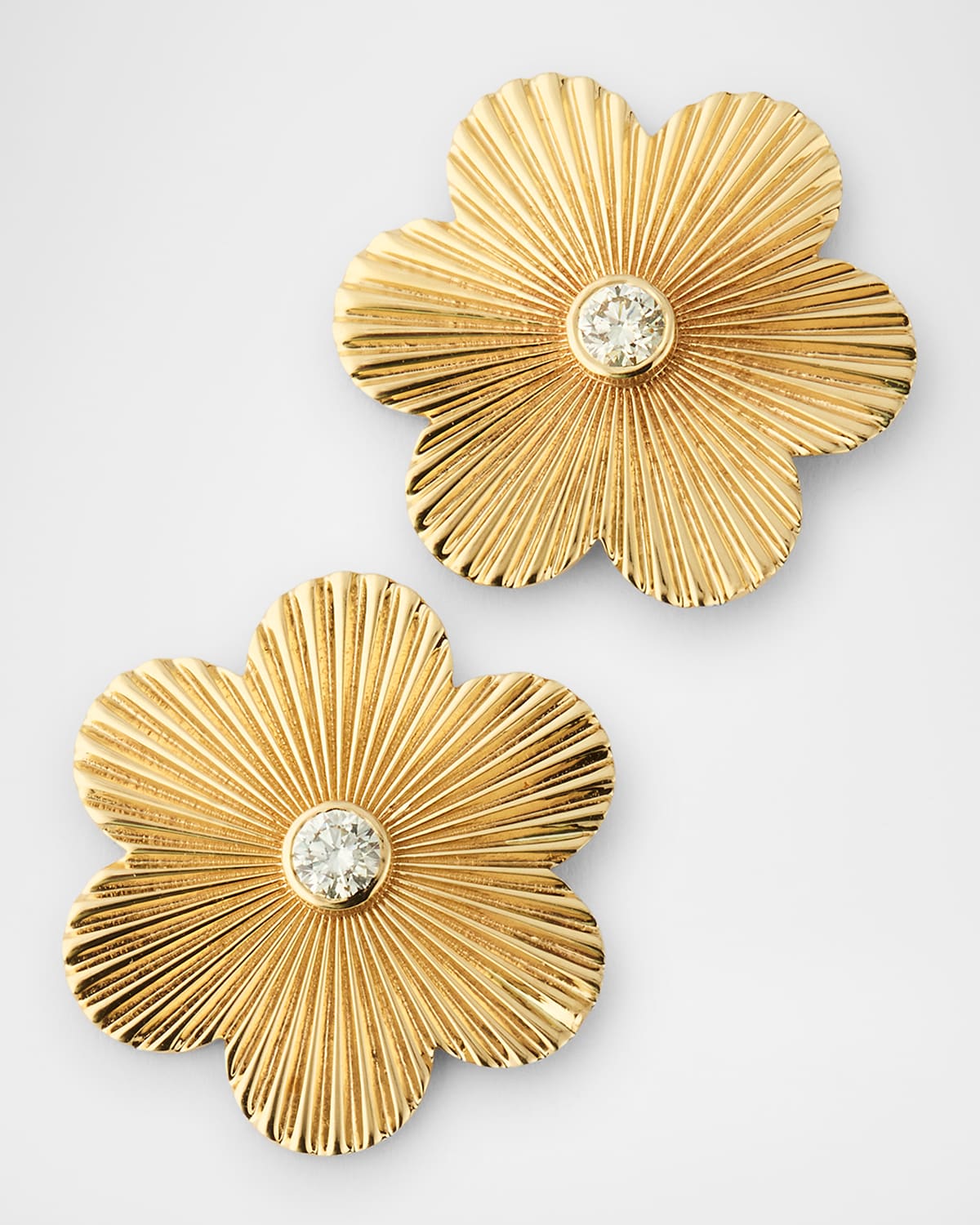 14K Yellow Gold Fluted Flower Diamond Stud Earrings