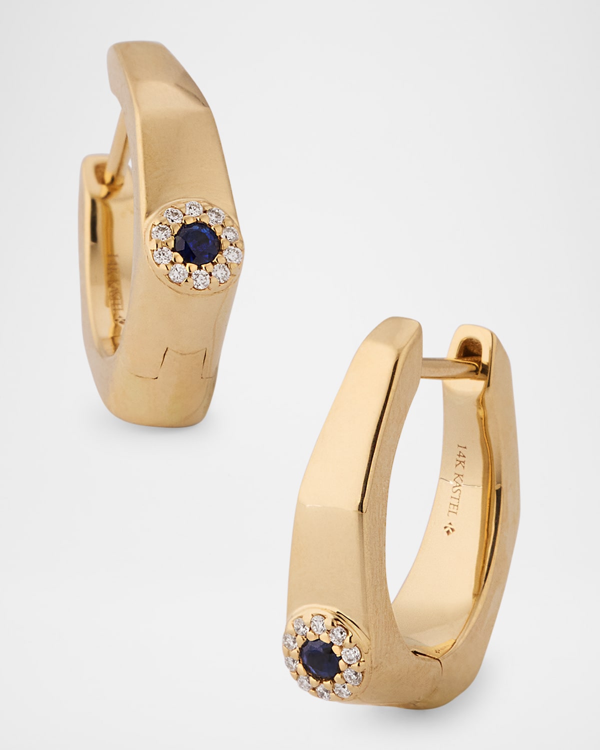 Kastel Jewelry 14K Yellow Gold Rectangle Small Diamond and Sapphire Huggie Earrings