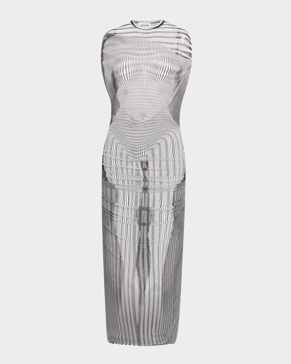 Shop Jean Paul Gaultier Mariniere Body Morphing Layered Mesh Maxi Dress In 0100-whiteblack