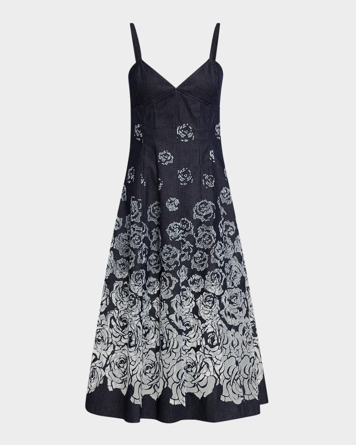 OSCAR DE LA RENTA V-NECK ROSE DENIM DEVORE SLEEVELESS MIDI DRESS 
