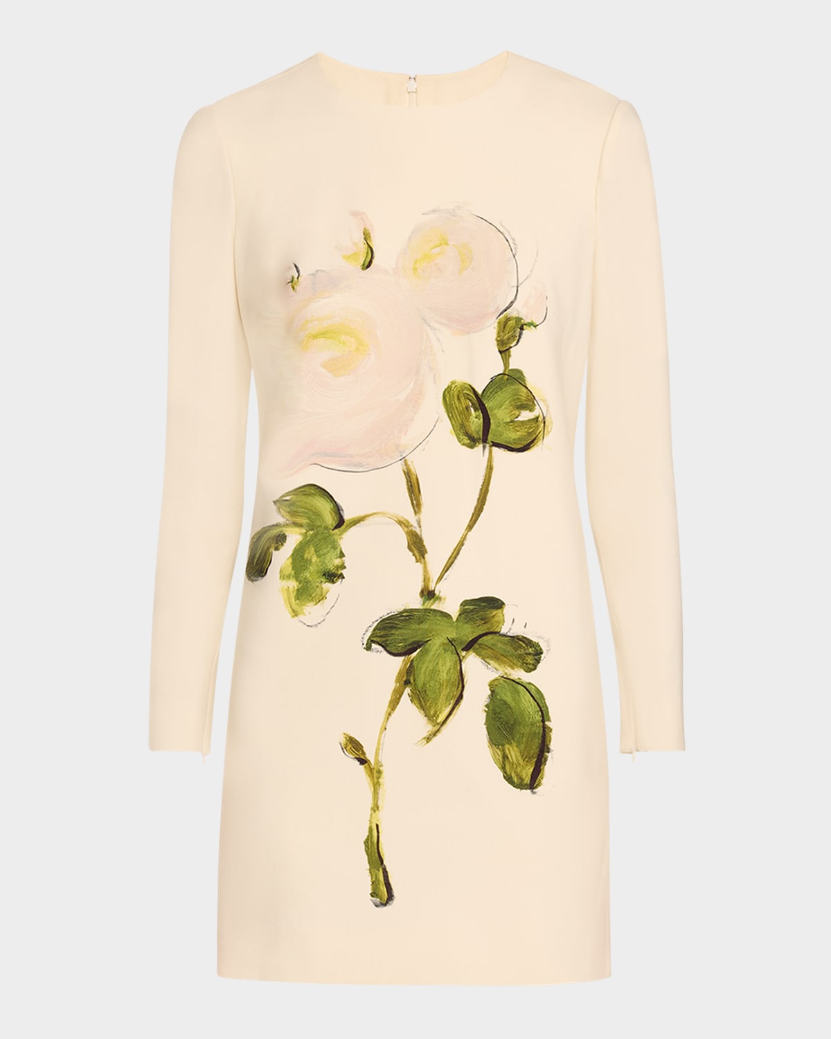 Oscar De La Renta Painted Rose Long Sleeve Wool Blend Shift Dress In Whiteivory