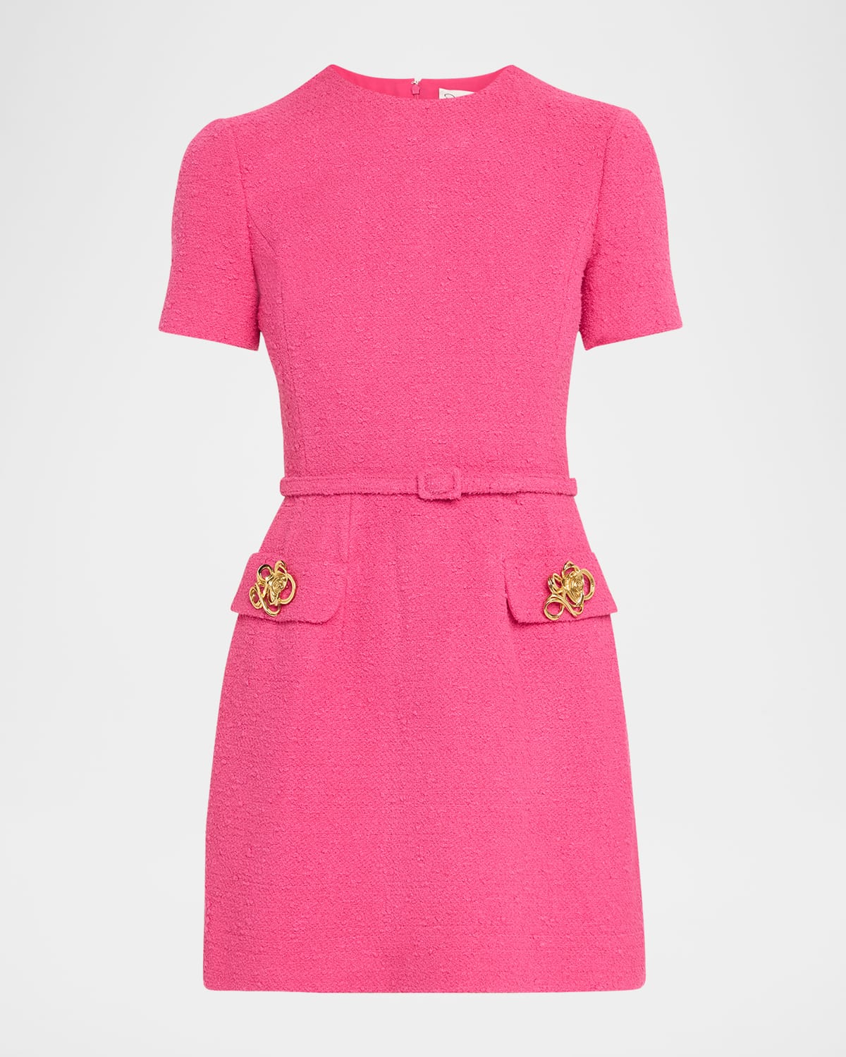 OSCAR DE LA RENTA SHORT-SLEEVE ROSE-BUTTON TWEED MINI DAY DRESS WITH BELT 