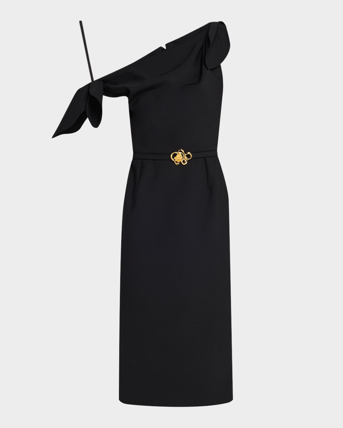 Oscar De La Renta Draped Off-the-shoulder Belted Wool Dress In Black