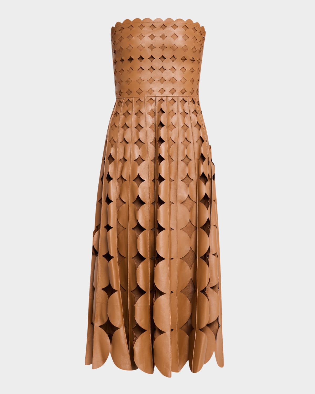 Shop Oscar De La Renta Strapless Geo Cutout Leather Midi Dress In Cognac