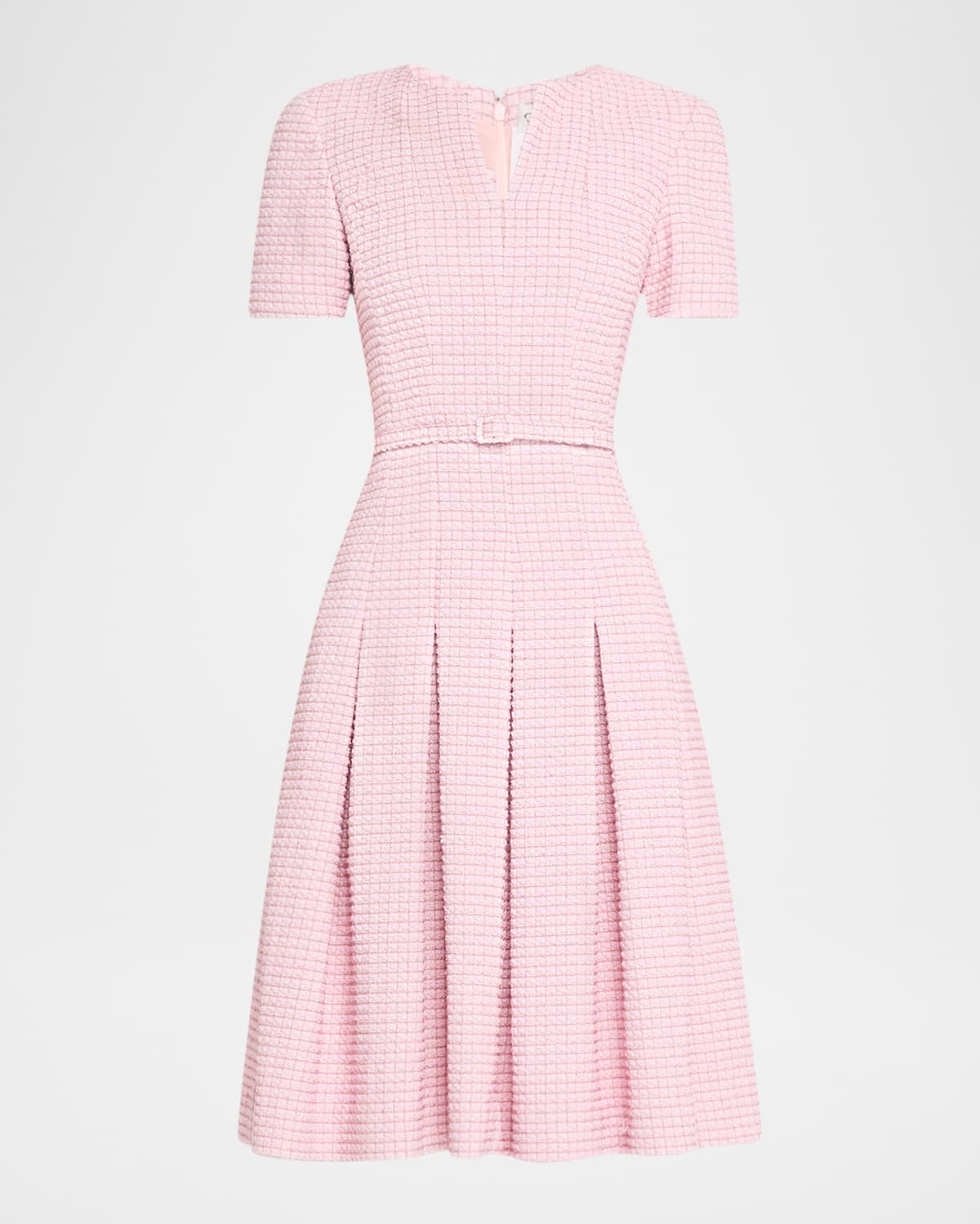 Shop Oscar De La Renta Short-sleeve Metallic Check Tweed Flare Dress With Belt In Pinkwhite