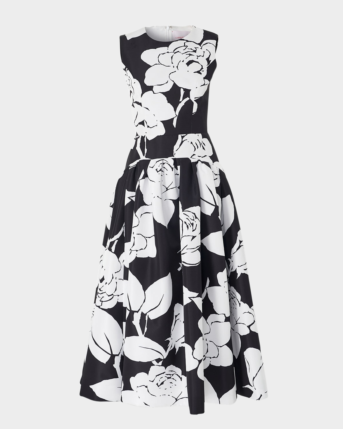 Carolina Herrera Floral-print Sleeveless Drop-waist Midi Dress In Blackwhite