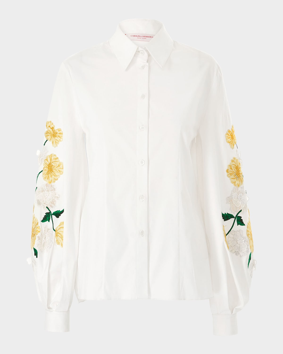 Carolina Herrera Embroidered Sleeve Stretch Cotton Button-up Shirt In White Multi