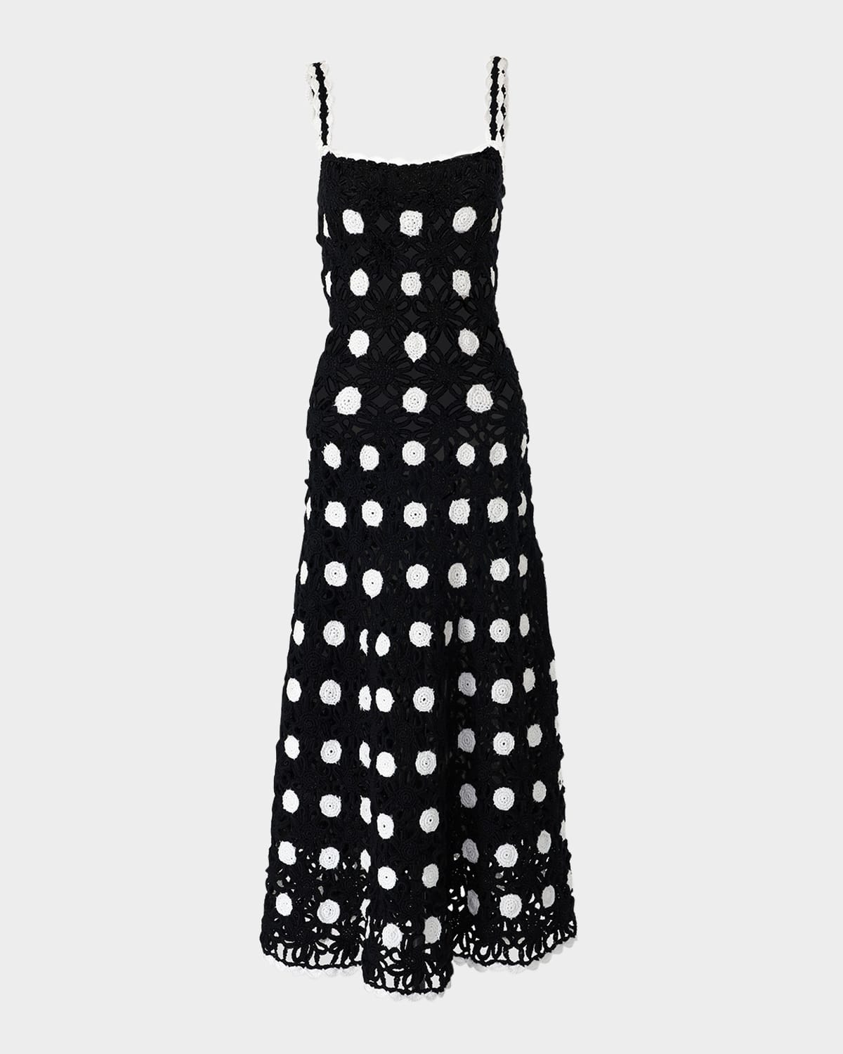 CAROLINA HERRERA POLKA-DOT CROCHET-KNIT SLEEVELESS MIDI DRESS 