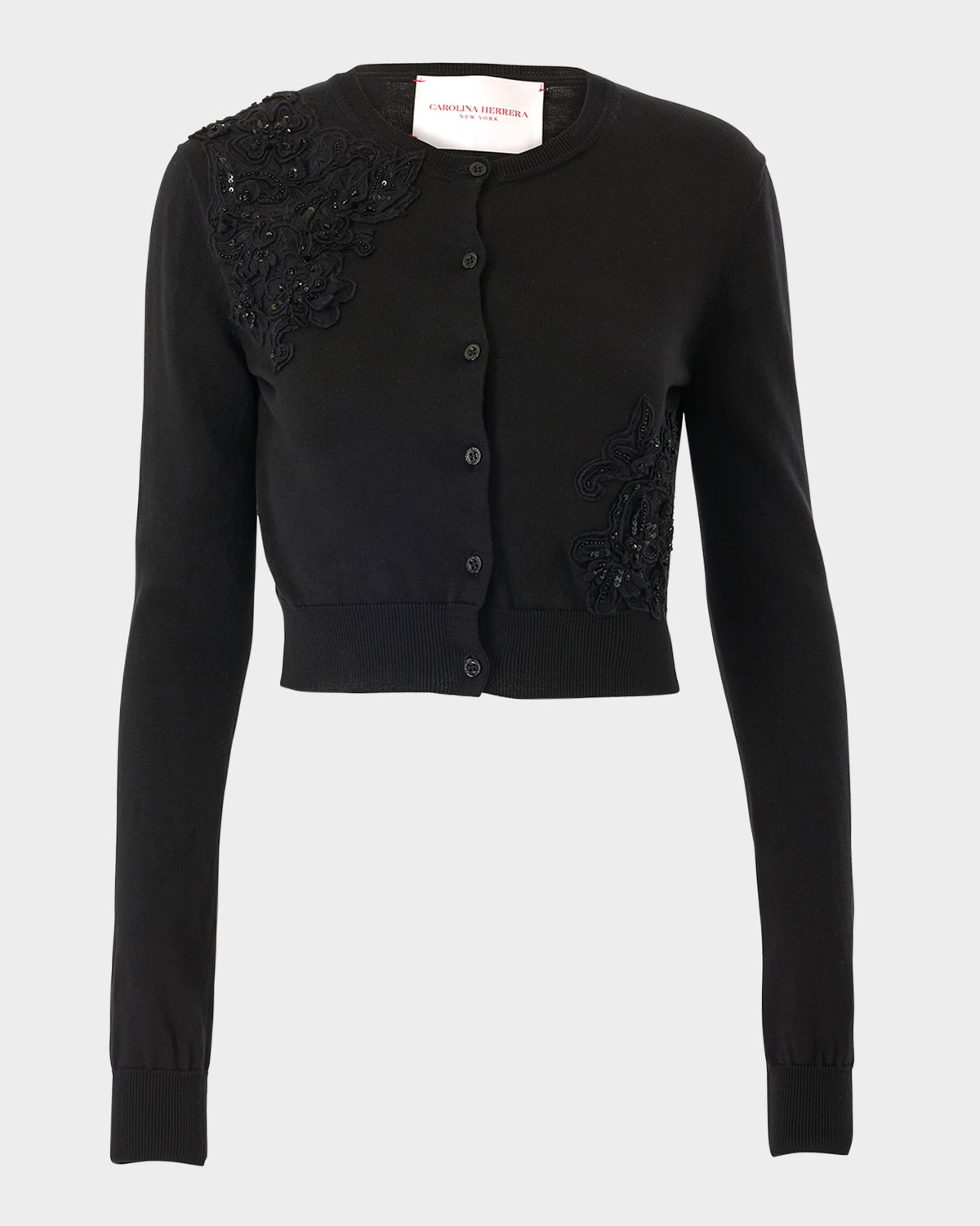 Shop Carolina Herrera Beaded Lace Crewneck Crop Cardigan In Black