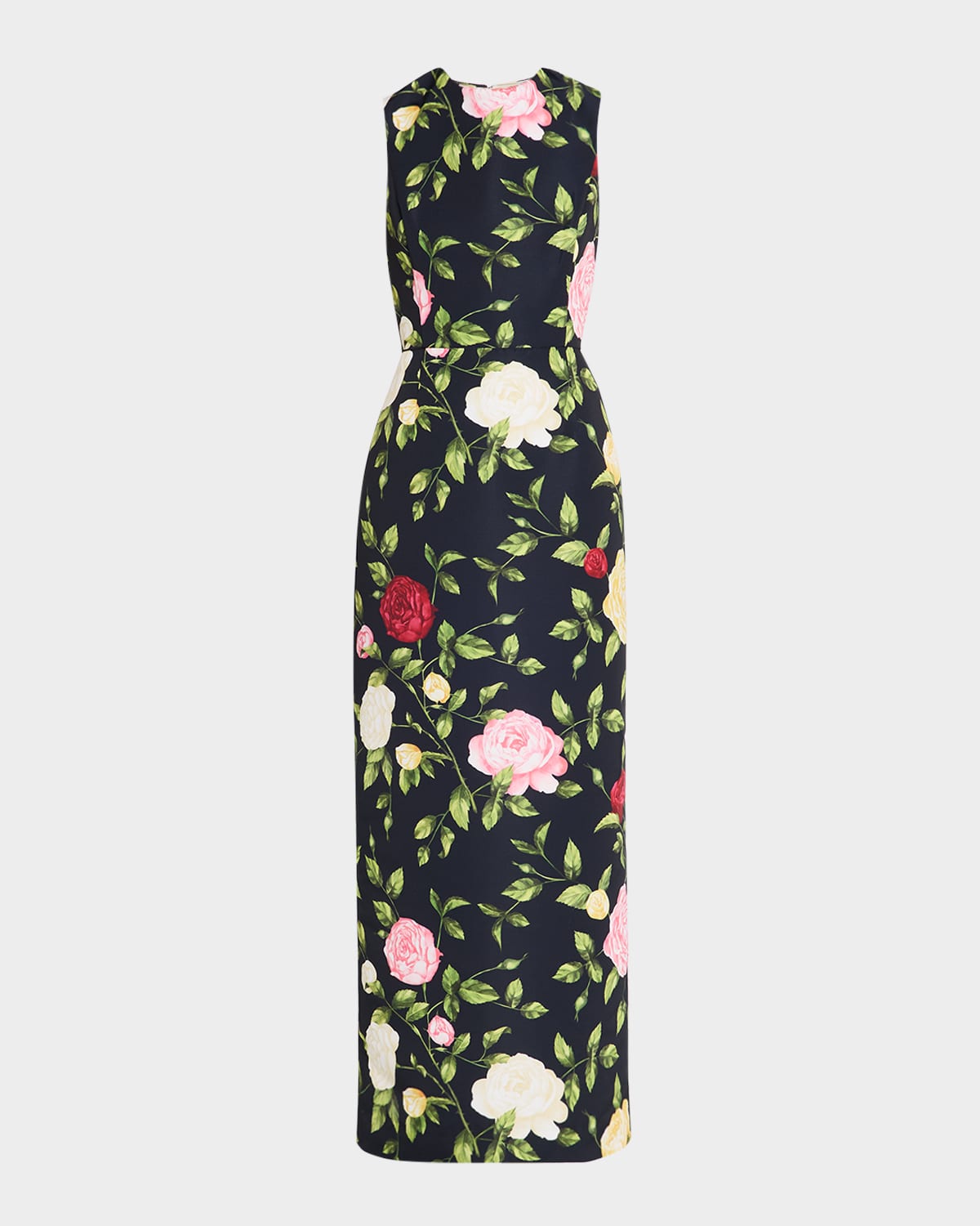 Oscar De La Renta Rose Print Faille Dress In Navy Multi