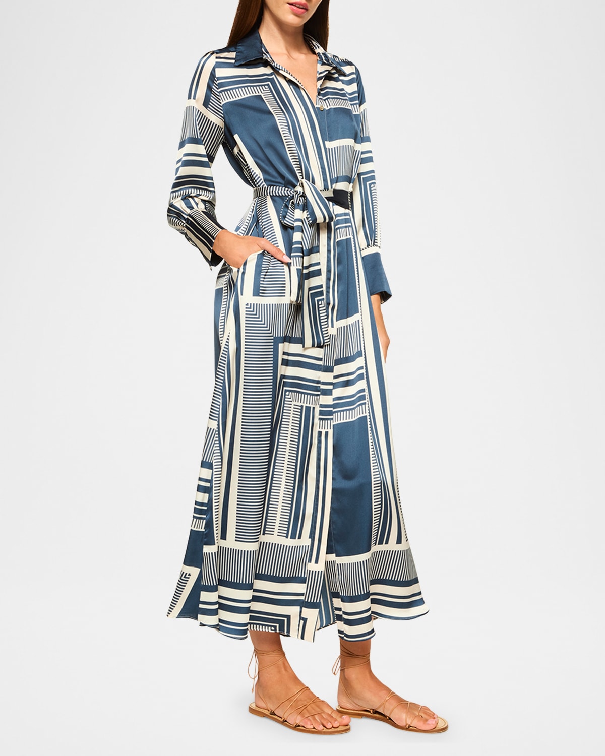 Misa Herminia Satin Maxi Shirtdress In Linear Geo