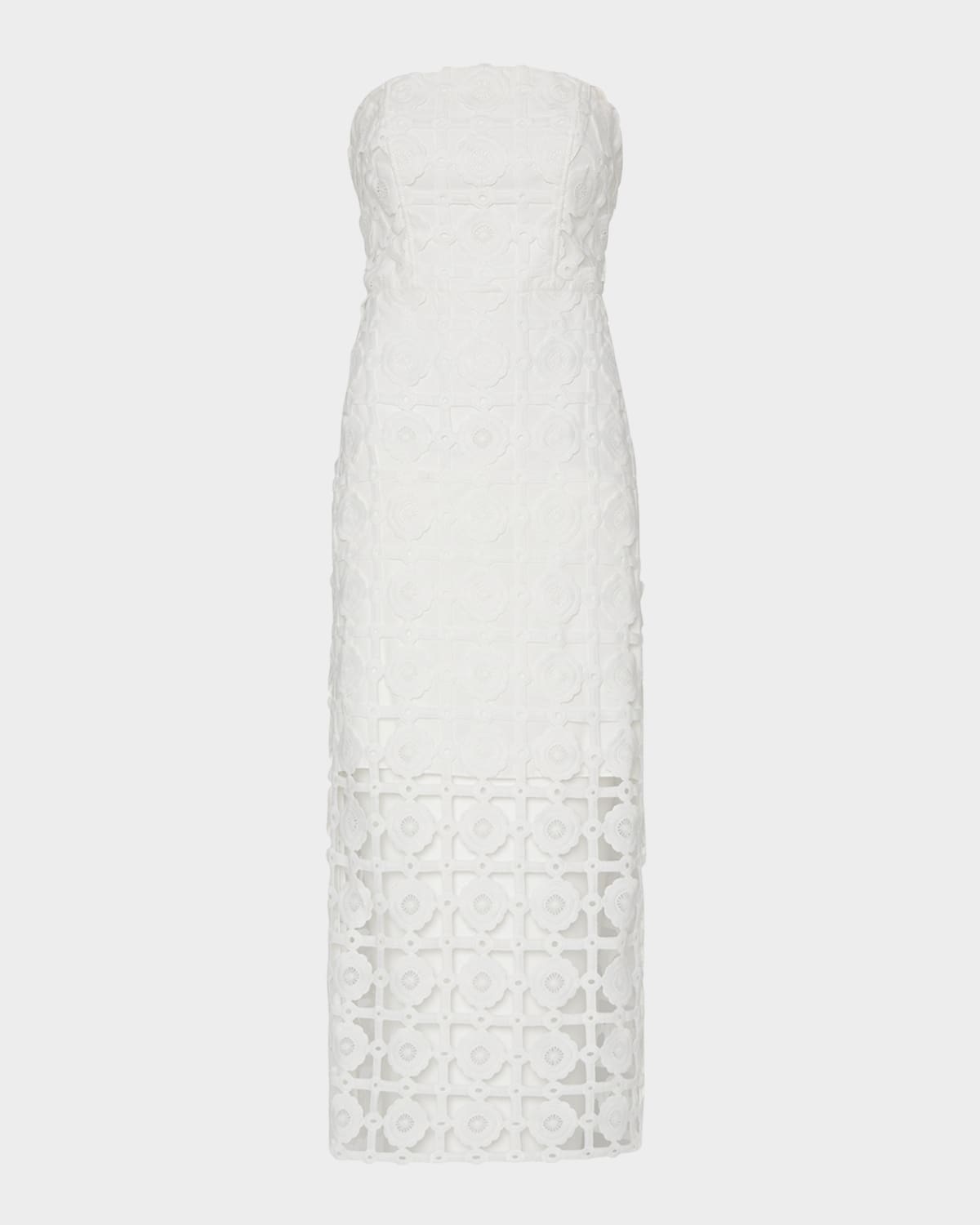 Milly Kait Strapless Tiled Lace Midi Dress In White