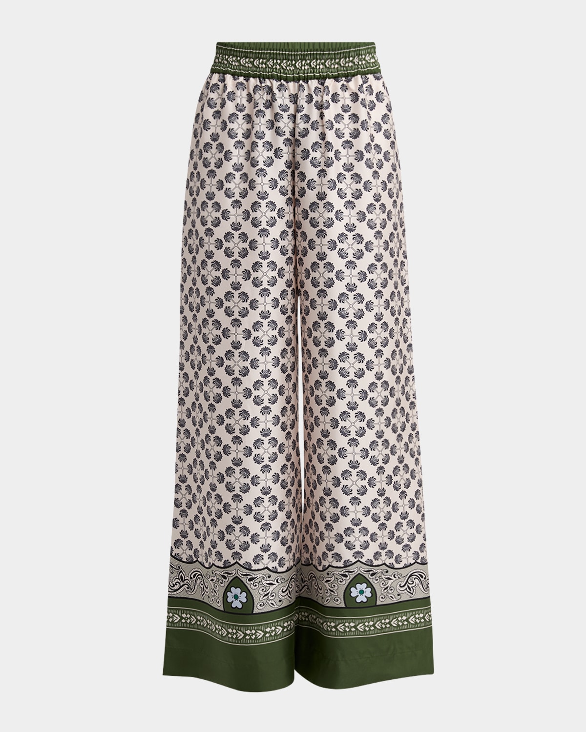 La Doublej La Double J Floral Pattern Wide-leg Trousers With Contrasting Borders In Green