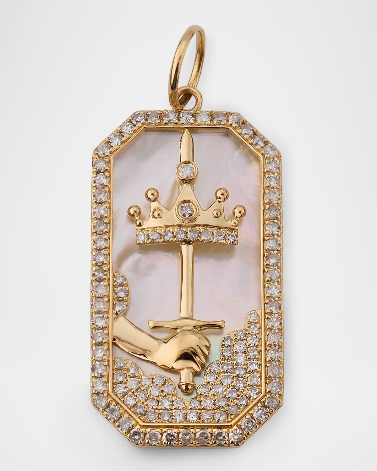 Kastel Jewelry 14K Yellow Gold Tarot Sword and Crown Pendant with Diamonds and MOP