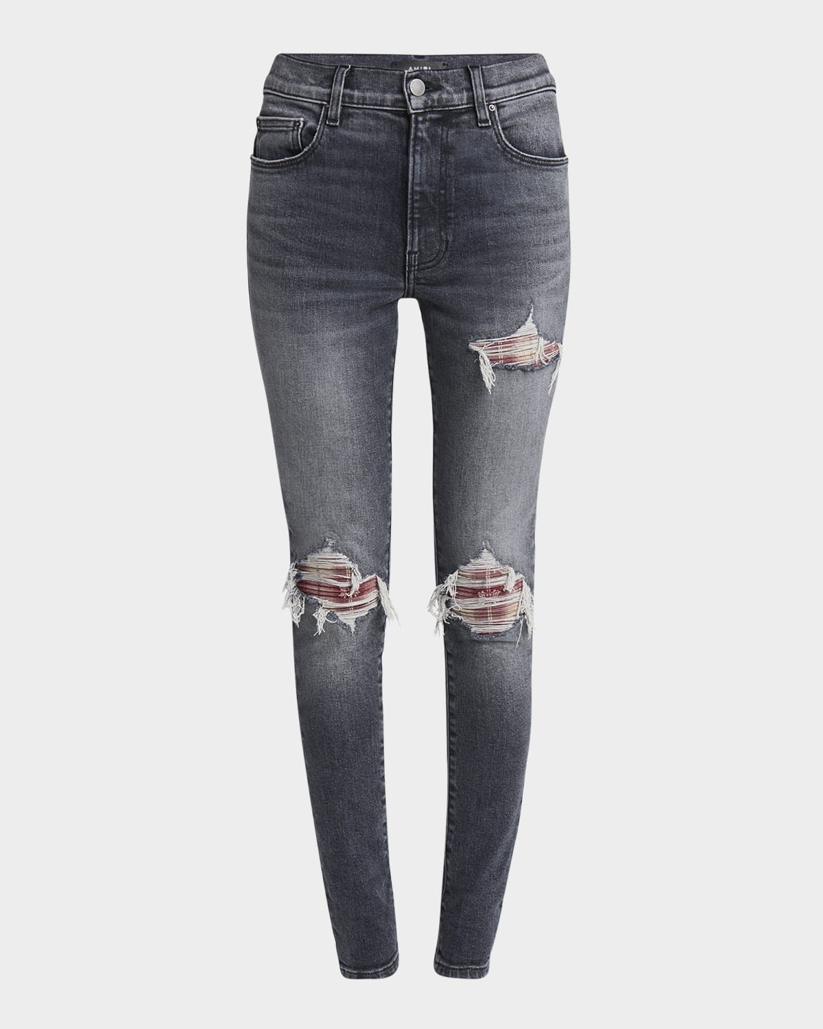 AMIRI MA QUAD FLANNEL-INSET DISTRESSED SKINNY-LEG JEANS 