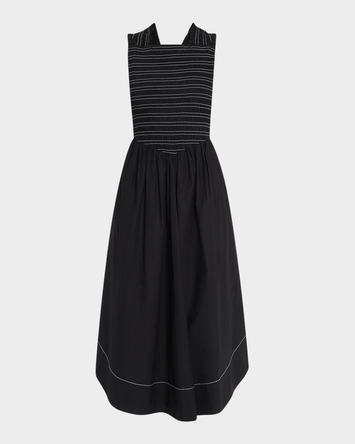 Ganni Smocked Stretch Cotton Sleeveless Midi Dress In Black
