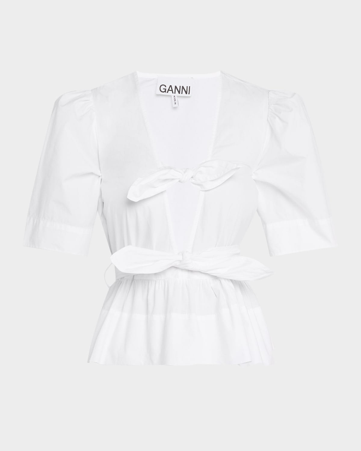 GANNI STRETCH COTTON TIE-FRONT BLOUSE 
