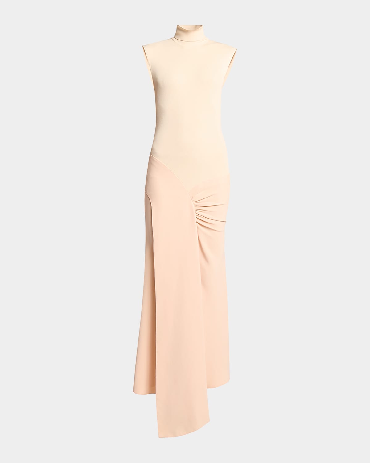 Shop Victoria Beckham Mixed-media Turtleneck Crop-waist Maxi Dress In Pale Peach