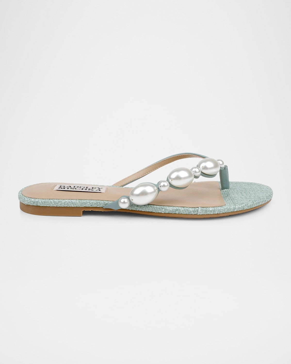 Shop Badgley Mischka Dyana Pearly Woven Leather Flat Sandals In Seaglass
