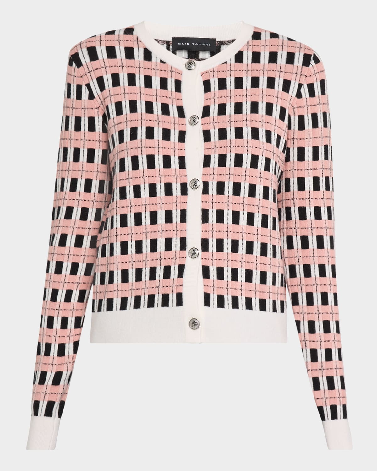 ELIE TAHARI THE LOXLEY BUTTON-DOWN CHECK KNIT CARDIGAN 