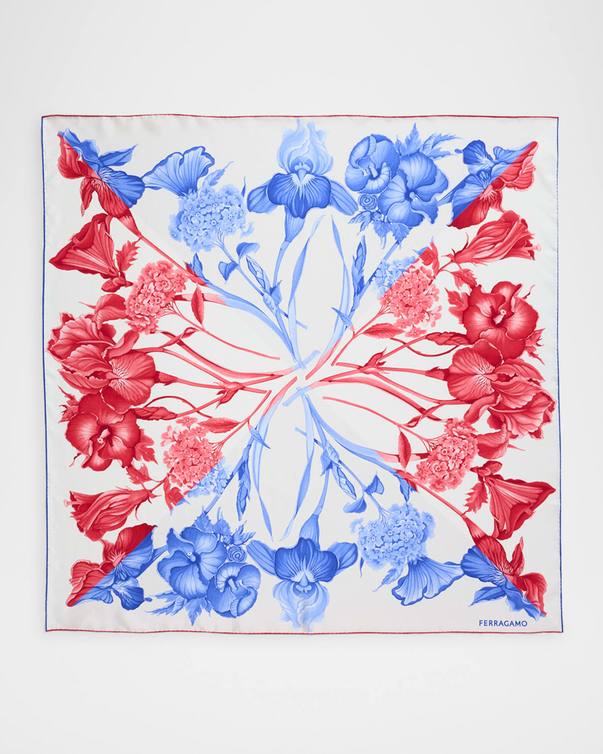 Ferragamo Ortensie Printed Silk Scarf In Rosso Blu