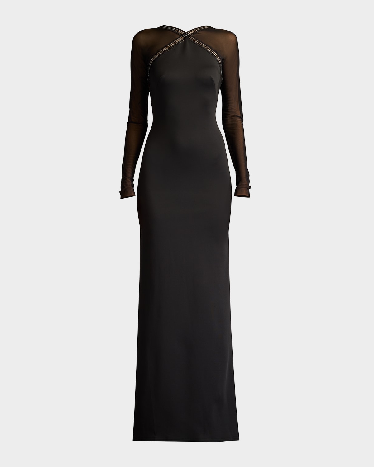 Illusion-Sleeve Neoprene Column Gown
