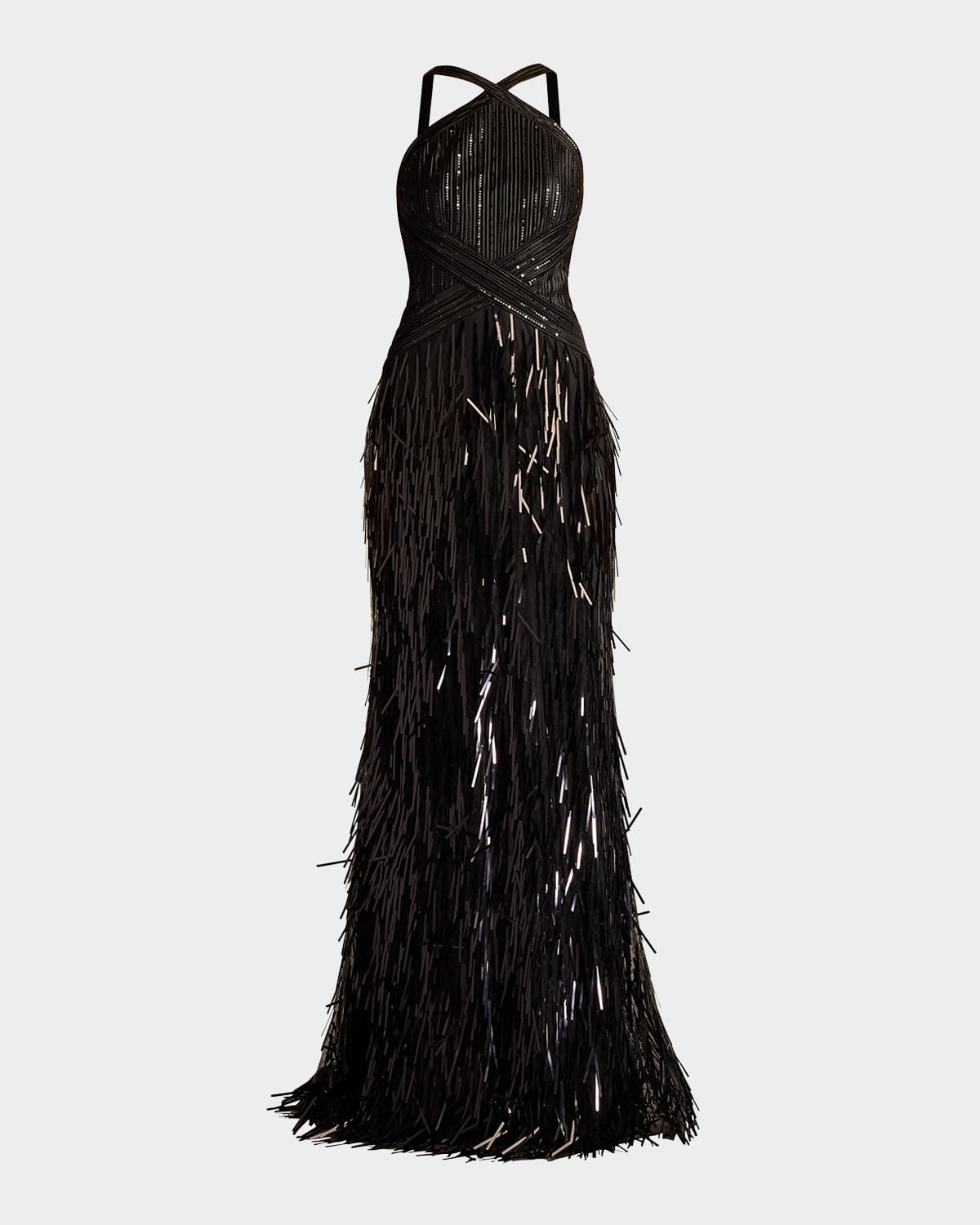 Sequin Fringe Halter Gown