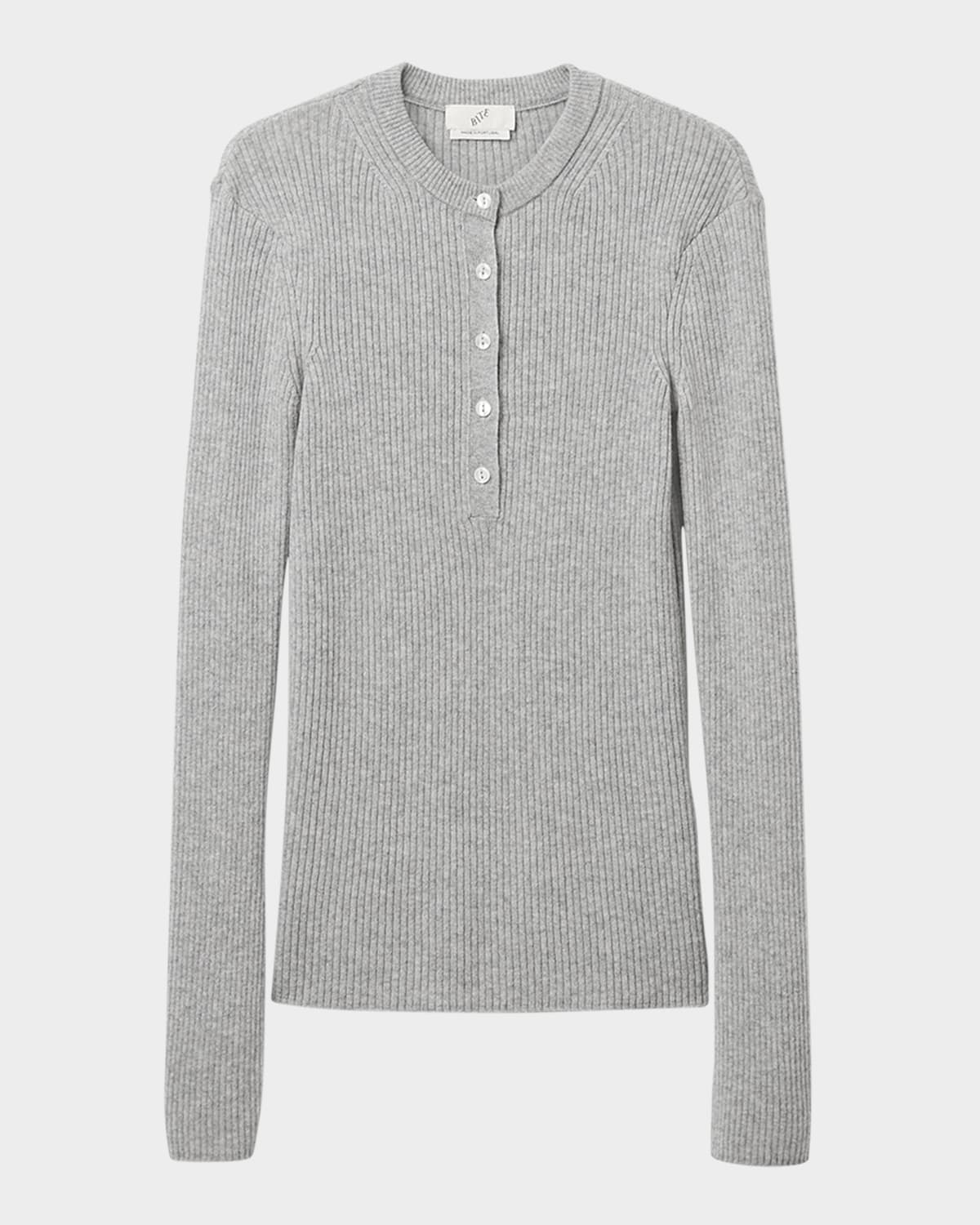 Bite Studios Cashmere Rib Henley Sweater In Grey Melange