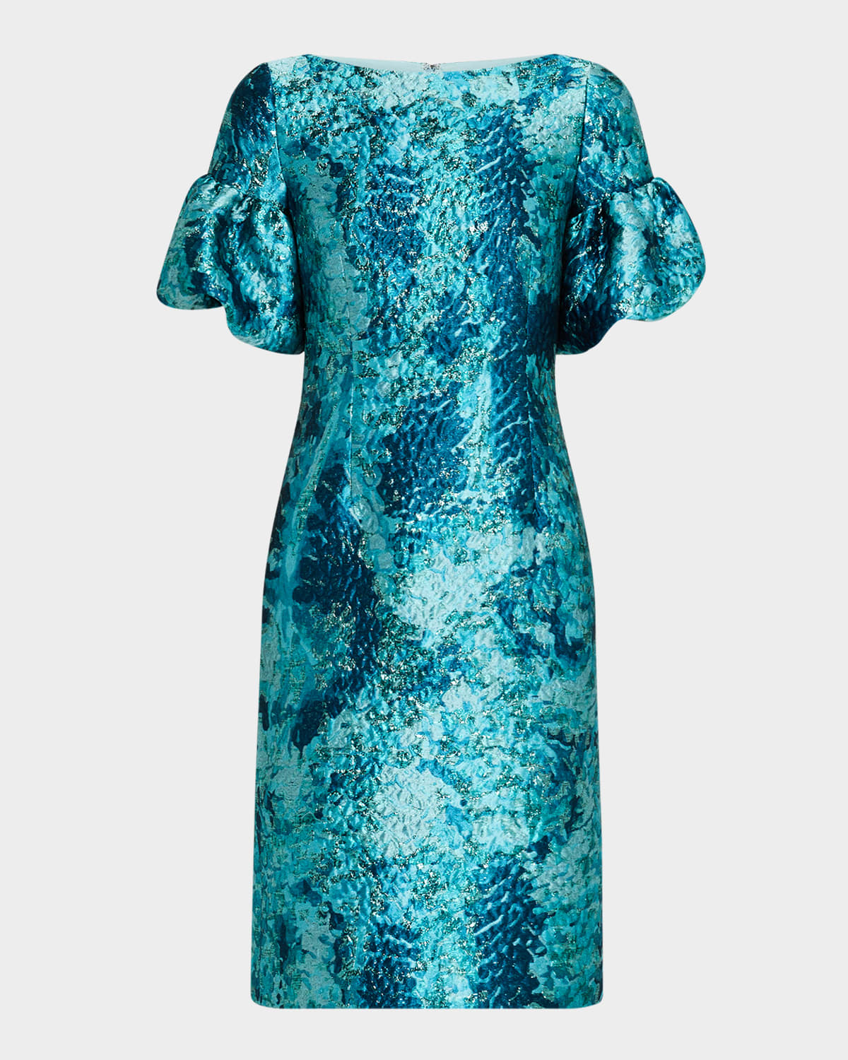 Rickie Freeman For Teri Jon Puff-sleeve Metallic Jacquard Dress In Turq Multi