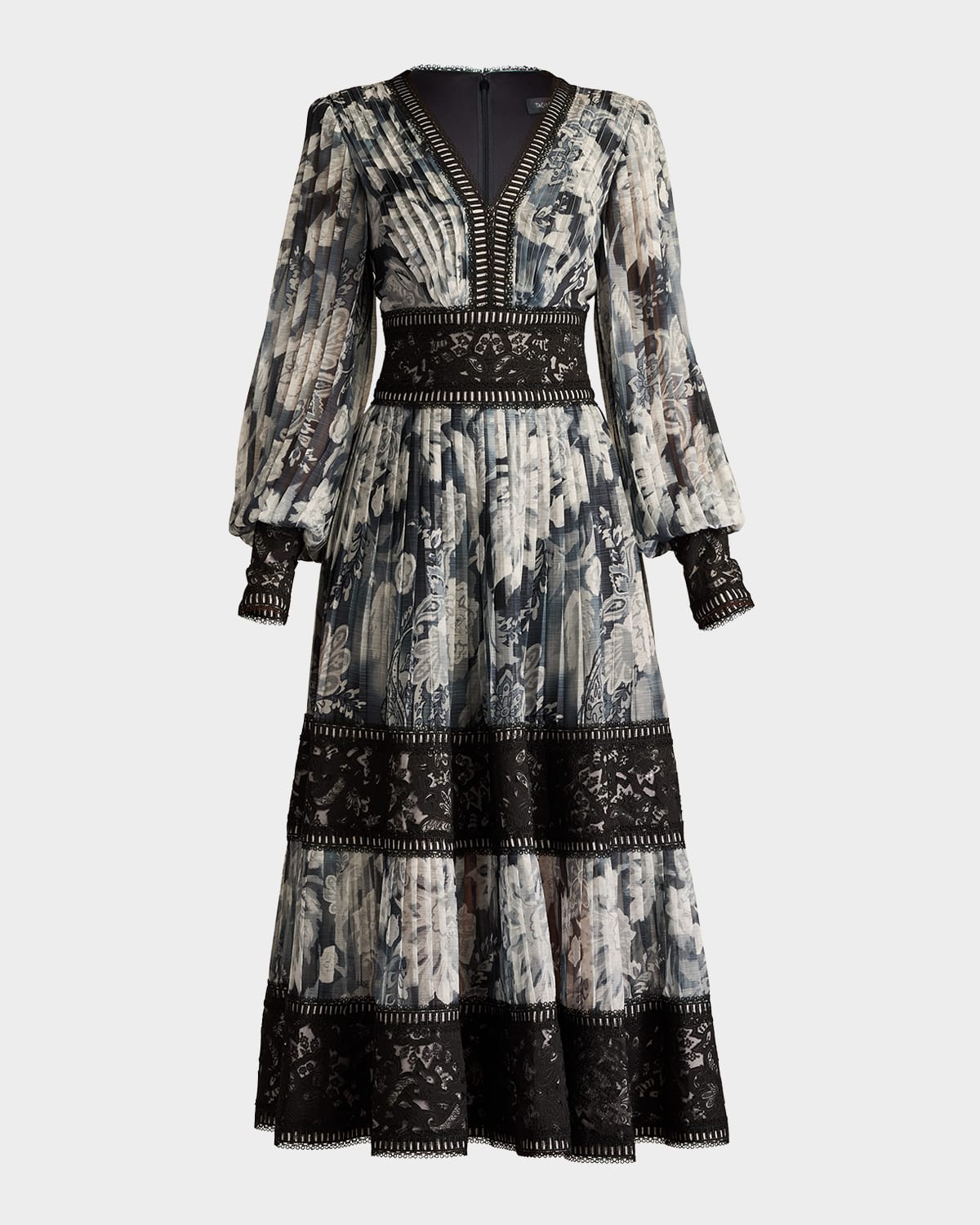 Pleated Lace Tiered Floral-Print Midi Dress