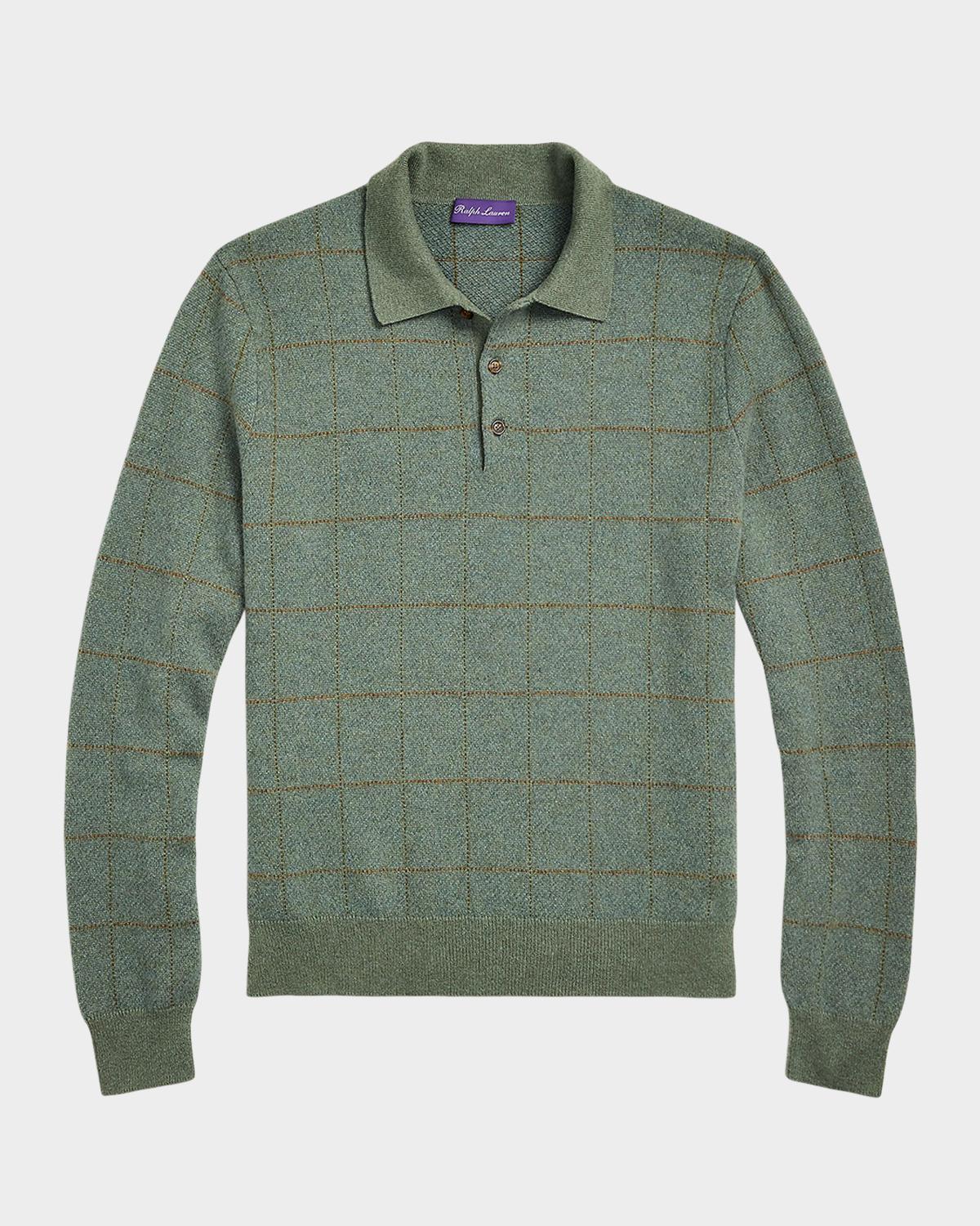 Ralph Lauren Purple Label Men's Plaid Cashmere-Wool Polo-Collar Sweater