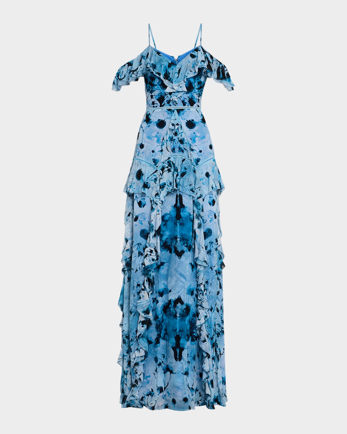 MARCHESA NOTTE COLD-SHOULDER RUFFLE CHIFFON GOWN 