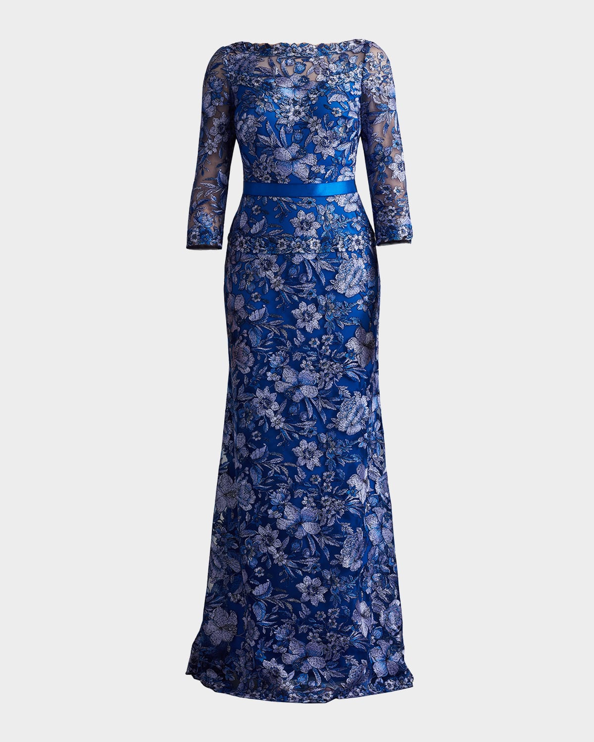 Tadashi Shoji Bateau-neck Embroidered Lace Gown In Emerald