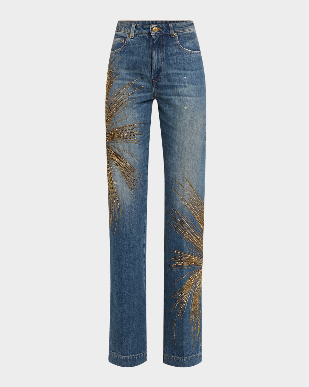ROBERTO CAVALLI BEADED STRAIGHT-LEG DENIM TROUSERS 