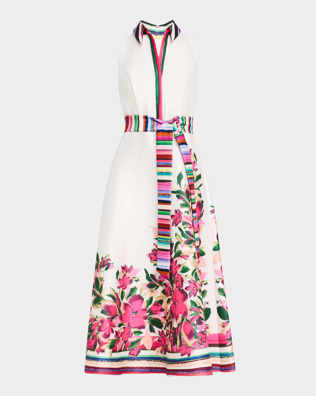 Sleeveless Striped & Floral-Print Midi Dress