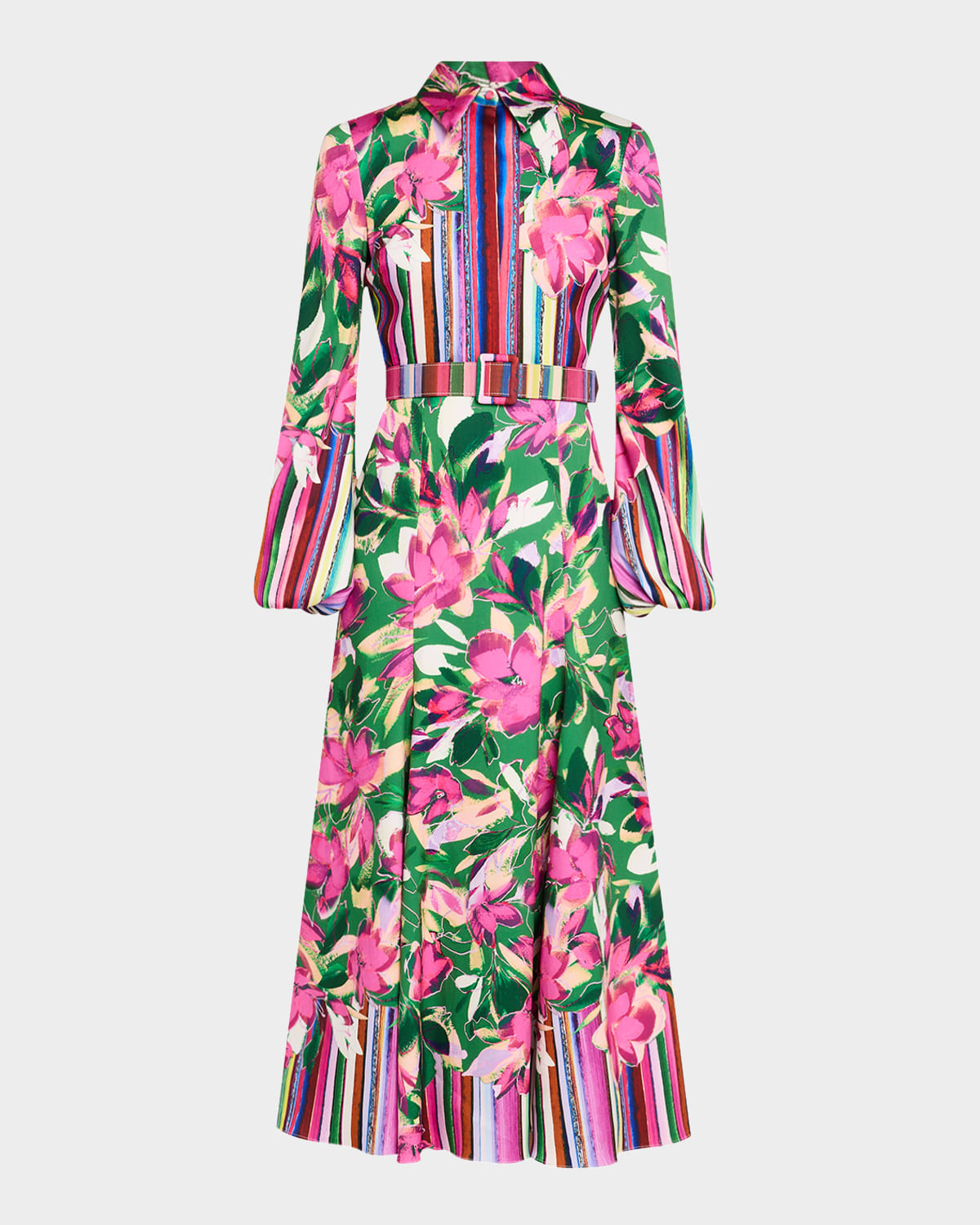 Belted Floral & Stripe-Print Maxi Shirtdress