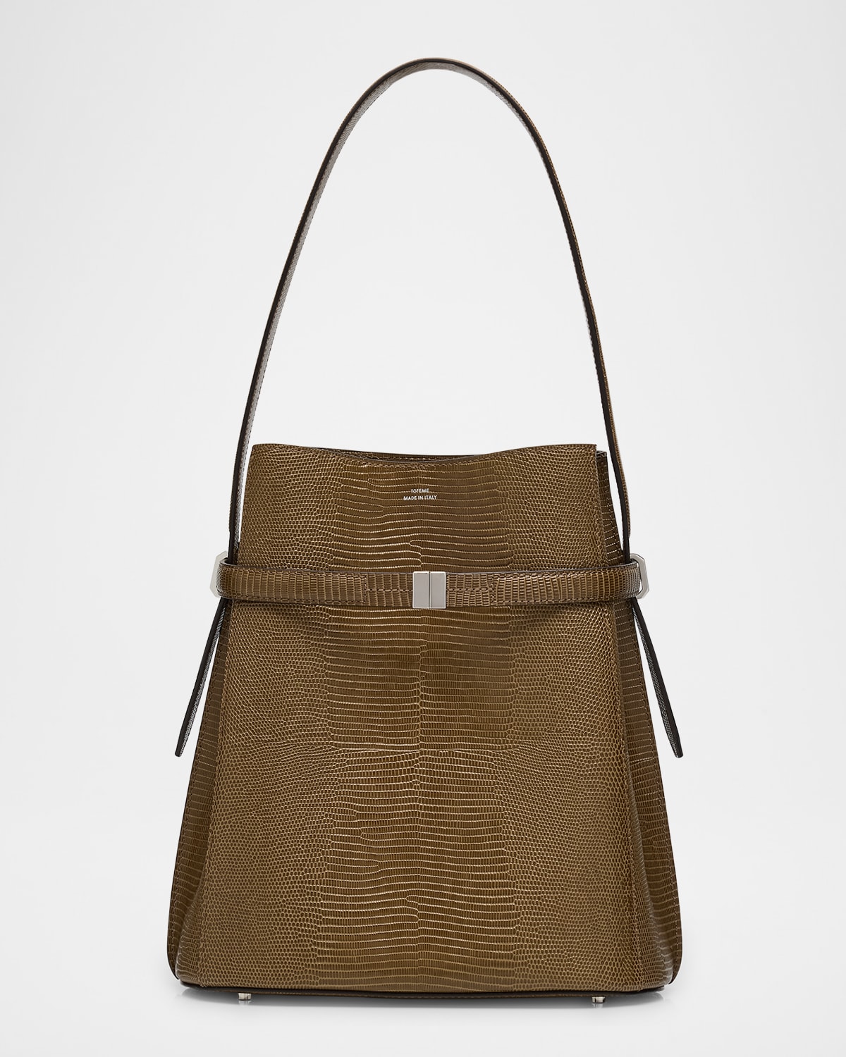 Belted Lizard-Embossed Leather Bucket Bag