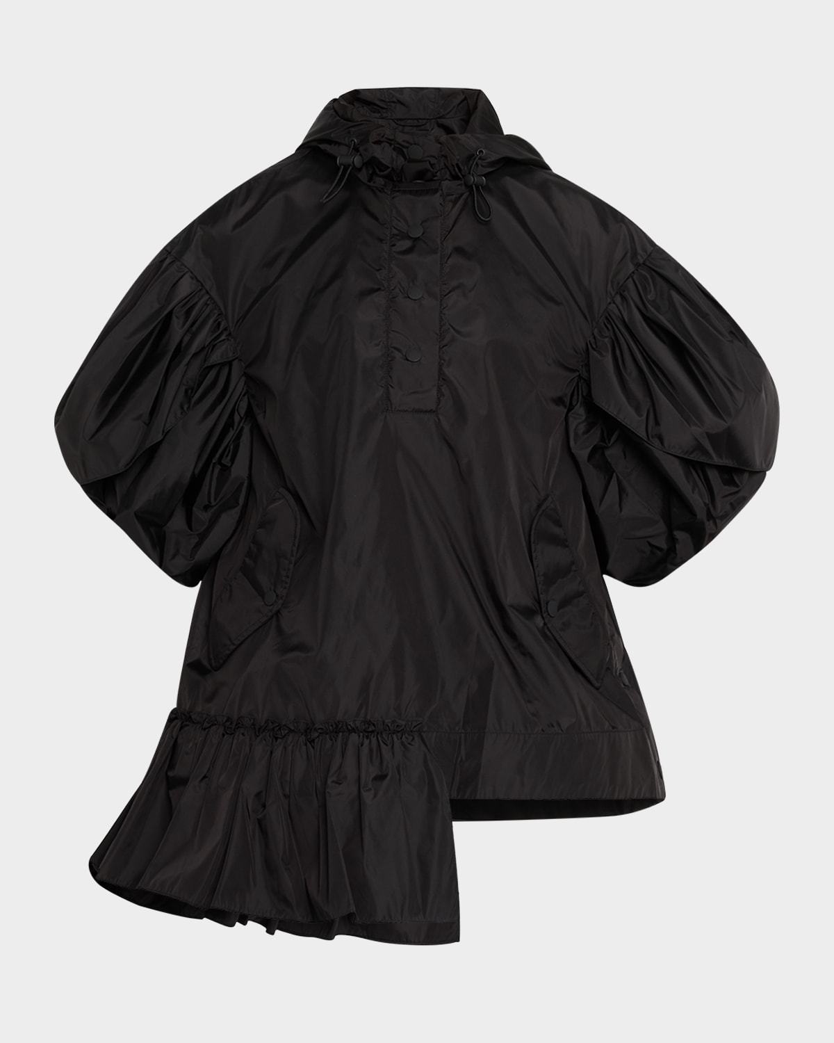 Simone Rocha Hooded Ruffle Detail Petal Sleeve Asymmetric Jacket In Black