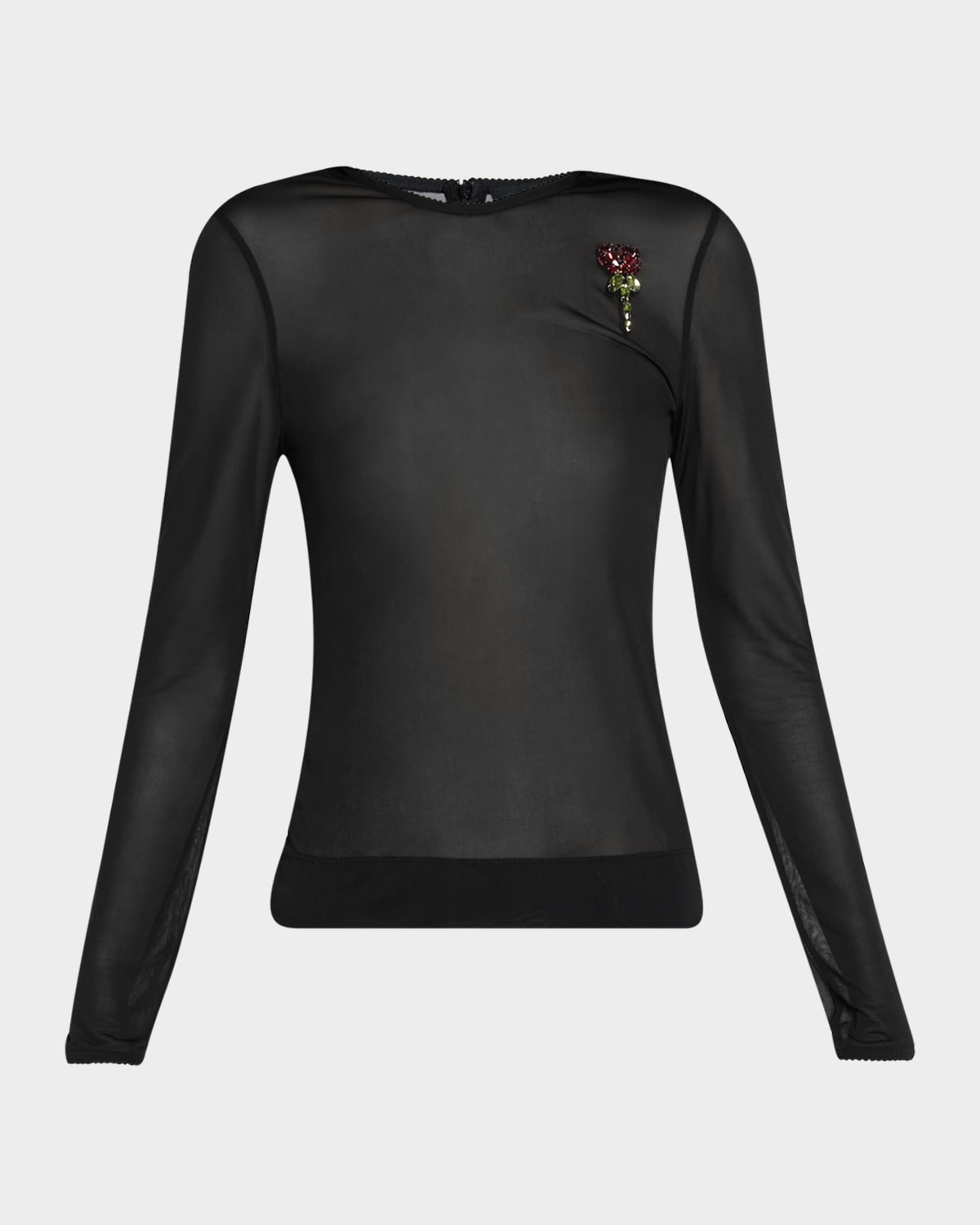 Simone Rocha Sheer Fitted Ballet Mesh Crystal Rose Top In Black Black Red Multi