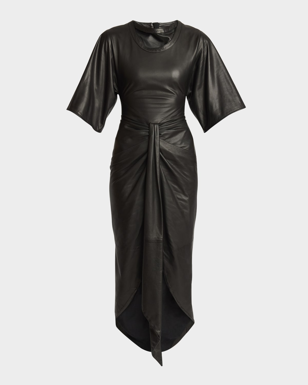 BALMAIN KNOTTED LEATHER SHORT-SLEEVE MIDI DRESS 