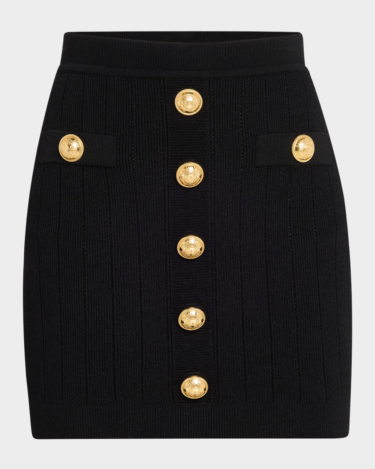Shop Balmain 2-pockets Button-front Rib Mini Skirt In Black