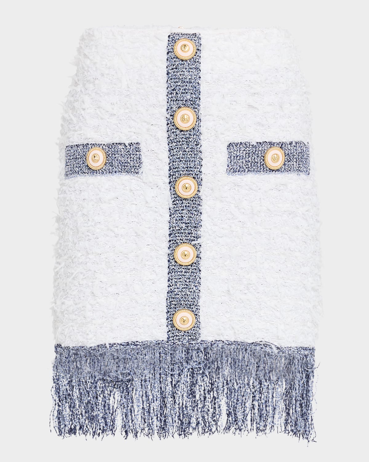 Balmain Fringed Tweed Skirt In Whiteblue