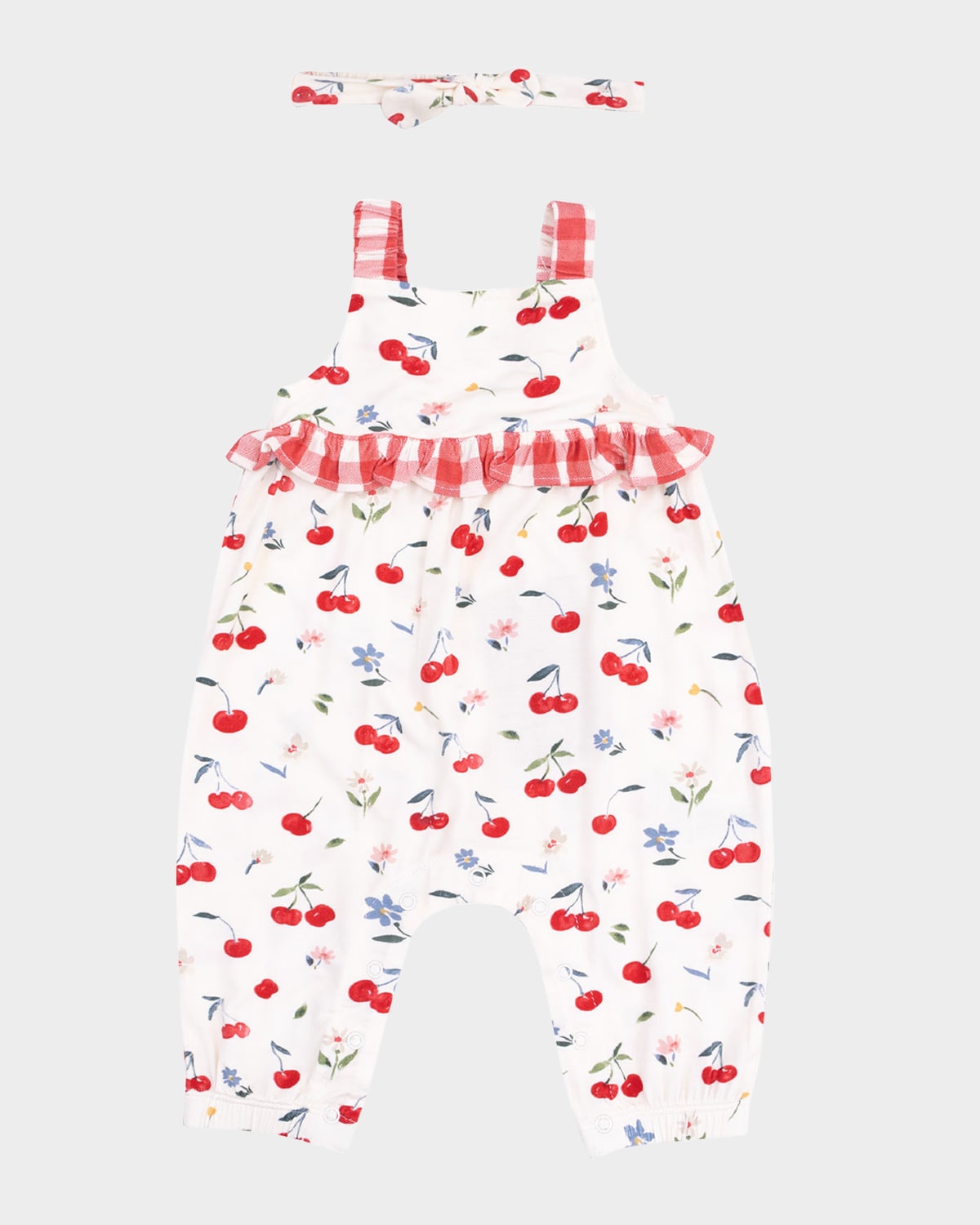 Angel Dear Girl's Watercolor Cherries Printed Romper W/ Knot Headband In Multi