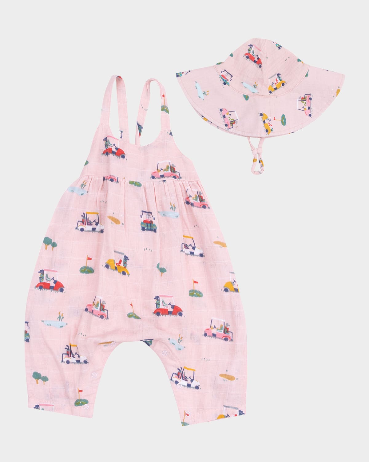 Angel Dear Girl's Golf Carts Cuties Tie Back Romper W/ Sun Hat In Pink