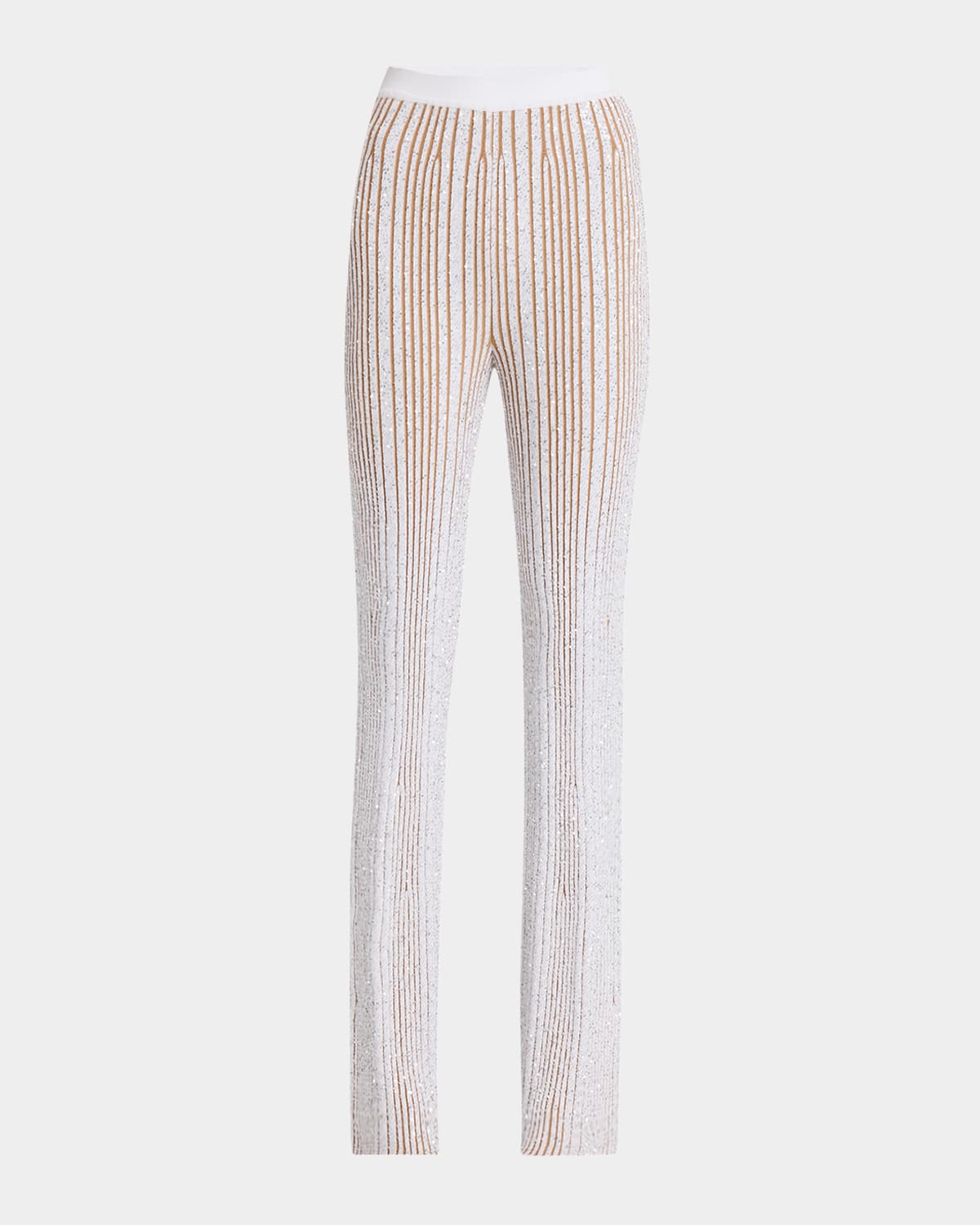 Missoni Ribbed Stretch Flared Trousers With Sequins In White And Beige