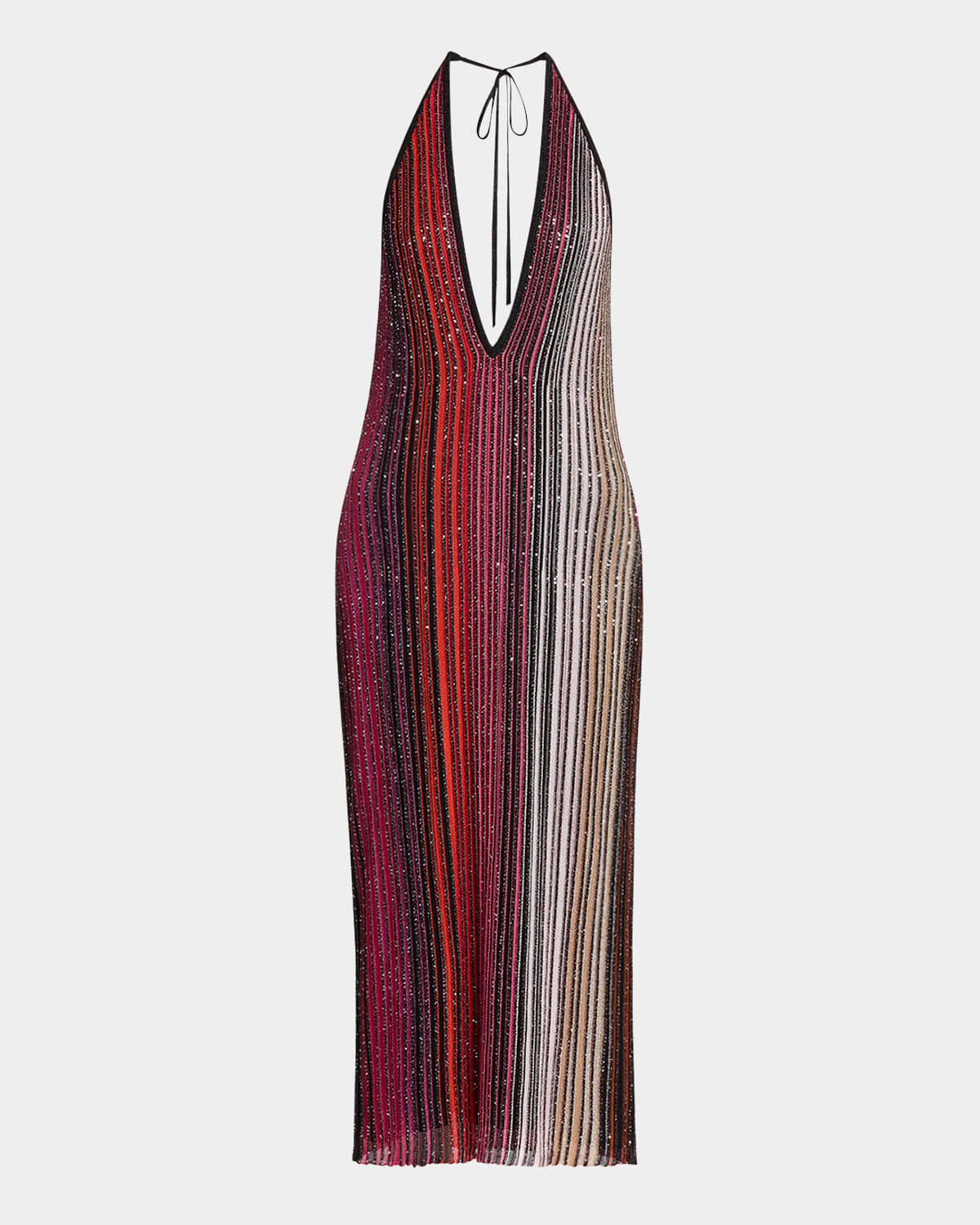 Shop Missoni Paillette Striped Plunging Halter Midi Dress In Red And Black