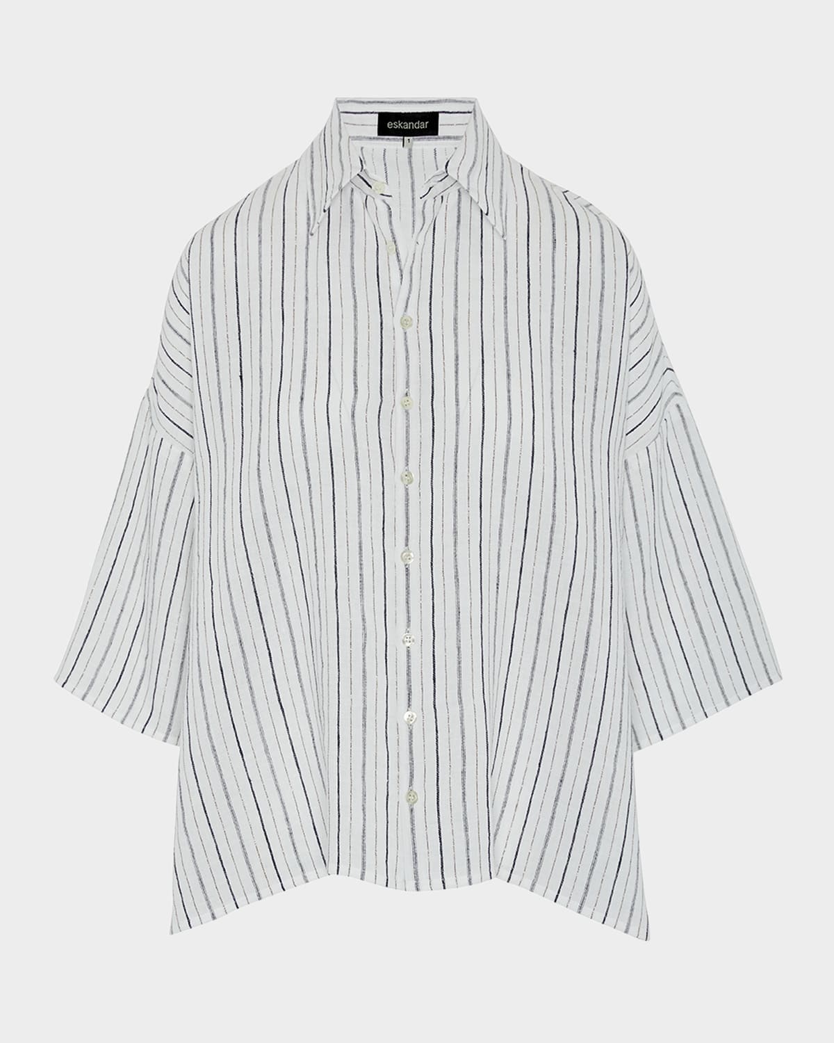 Shop Eskandar Sloped Shoulder Wide A-line Short-sleeve Shirt With Collar (mid Length) In Navygold
