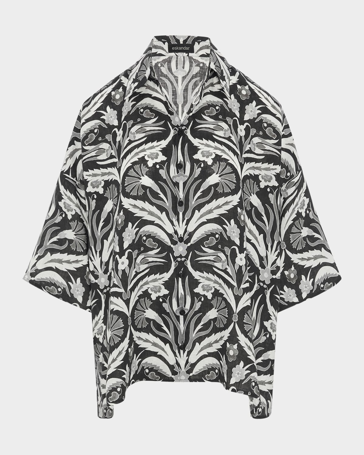 ESKANDAR SLOPED-SHOULDER WIDE A-LINE SHORT-SLEEVE SHIRT WITH COLLAR (MID PLUS LENGTH) 