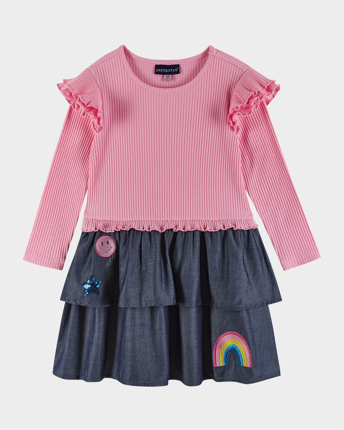 Shop Andy & Evan Girl's Rib Knit Tiered Skirt Combo Dress In Pink Chambray