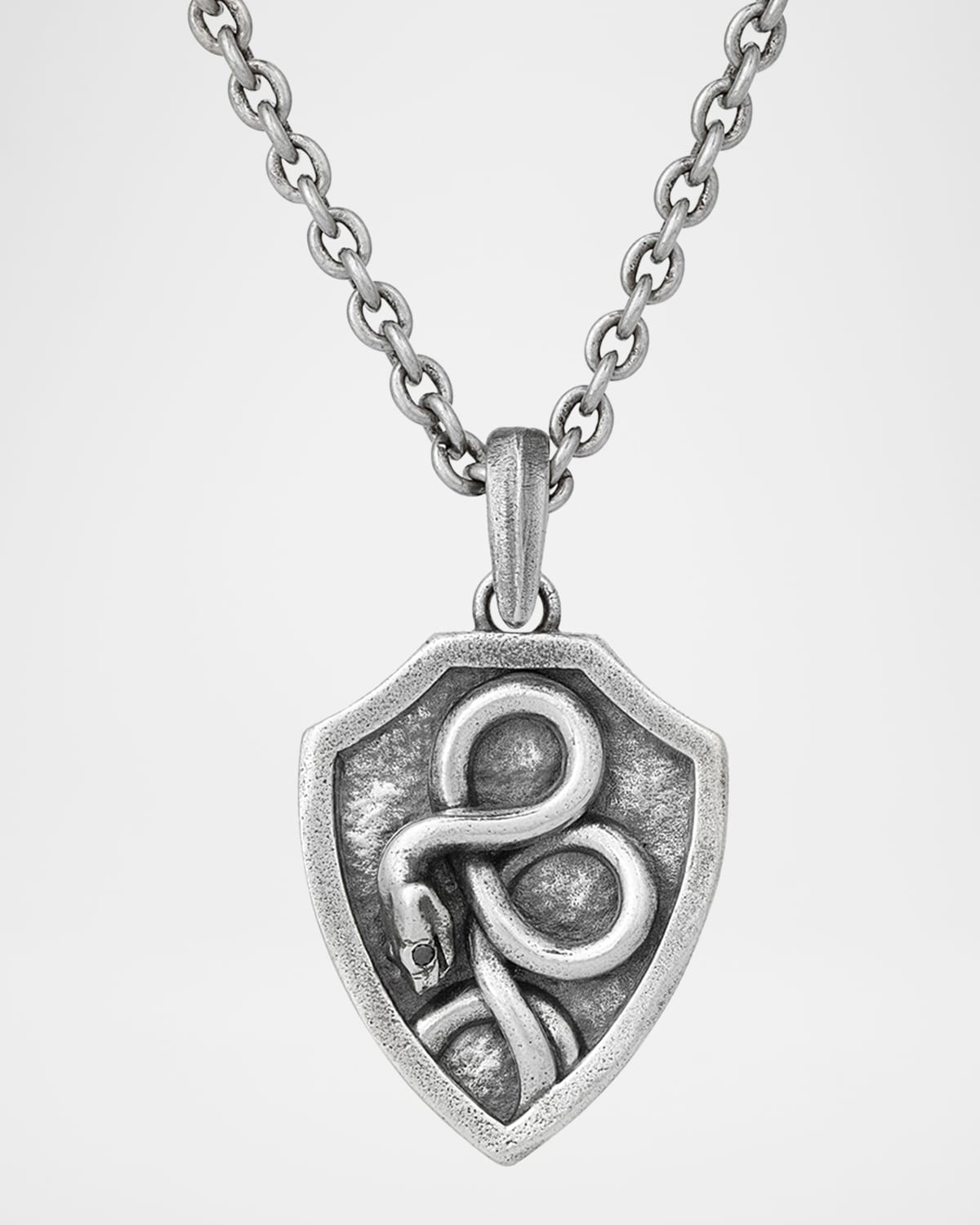 Men's Sterling Silver Snake Shield Pendant Necklace with Black Diamond Eye